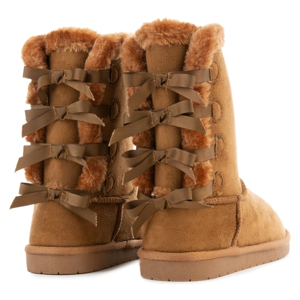 Forever Link Ann-34 TAN Short Fur Lined Faux Suede Boots With Bows